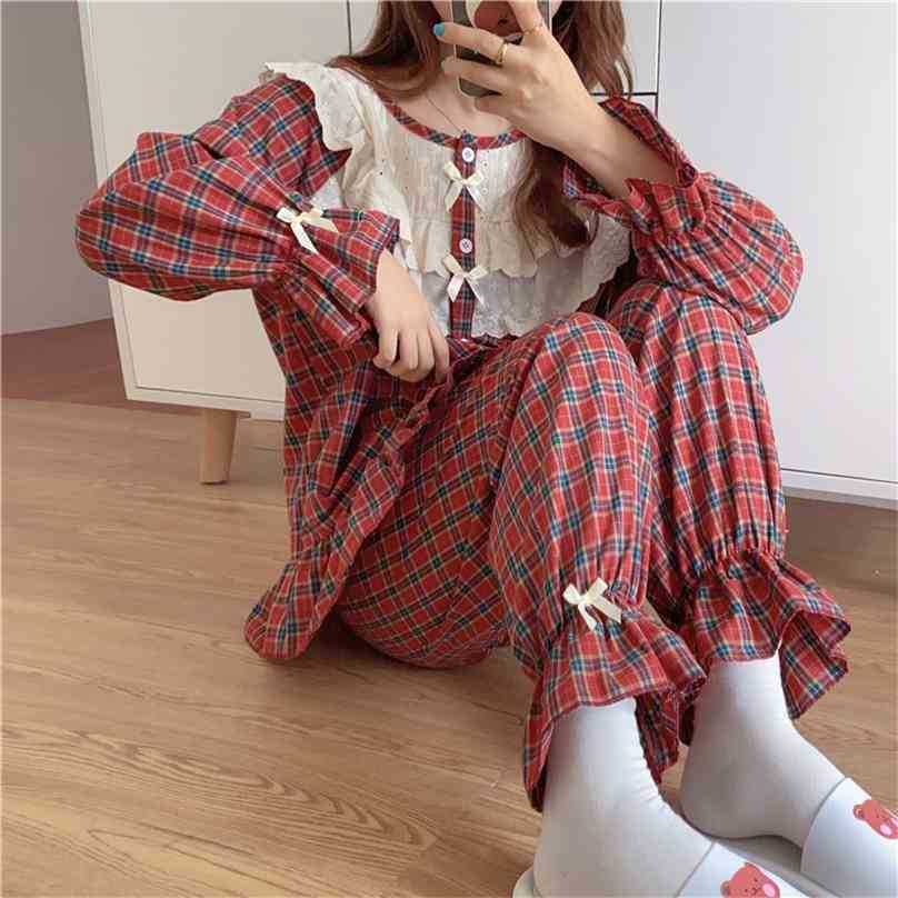 

Summer Retro Lace Sweet Patchwork Pajamas Two Piece Suits Soft Plaid Sleepwear Women Home Chic Loose Sets 210525, Red