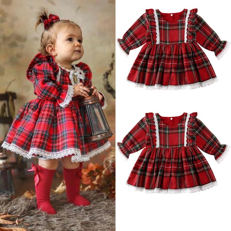 

Girl's Dresses Toddler Kid Baby Girls Christmas Dress Xmas Pageant Party Princess Tutu Red Ruffles Plaid 1-6 Years