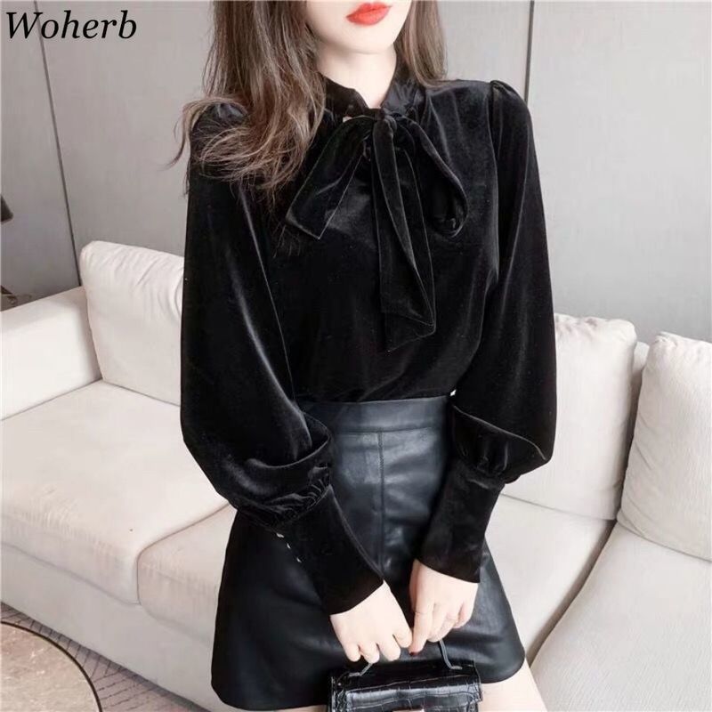 Woherb Blusas Mujer De Moda Pleuche Shirt Puff Sleeve Bow Plus Velvet Thicked Blouses Women Lace Up Black Blouse Tops 4G712 210225Z