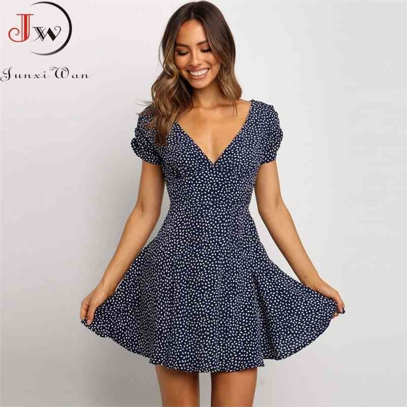

Puff Sleeve Women Summer Beach Sexy V Neck Mini Party Dress Ladies Polka Dot Vintage Sundress Robe Femme 210719, Navy blue