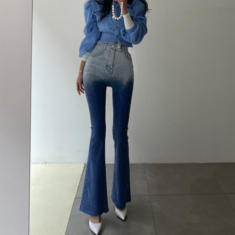 

Women's fashion gradual change jeans summer style temperament slim wash high waist slim micro pants y2k jeans 210602, Blue