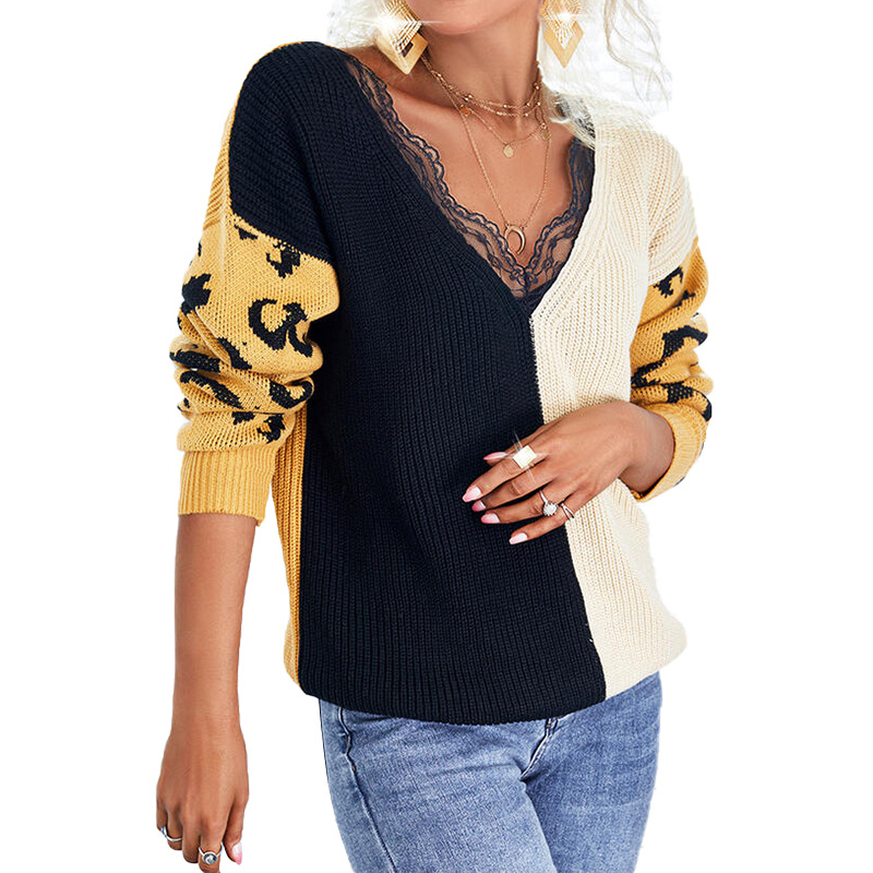 

Women's Sweater Pullover Jumper Knitted Patchwork Lace Trims Color Block Leopard Stylish Casual Soft Long Sleeve Regular Fit Sweater Ca, White;black