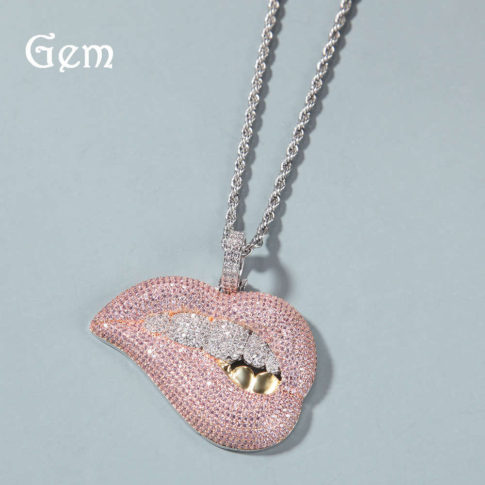 

Gumeng Jewelry New Sexy Lip biting hip hop Pendant Necklace micro inlaid powder zirconium trendy Necklace