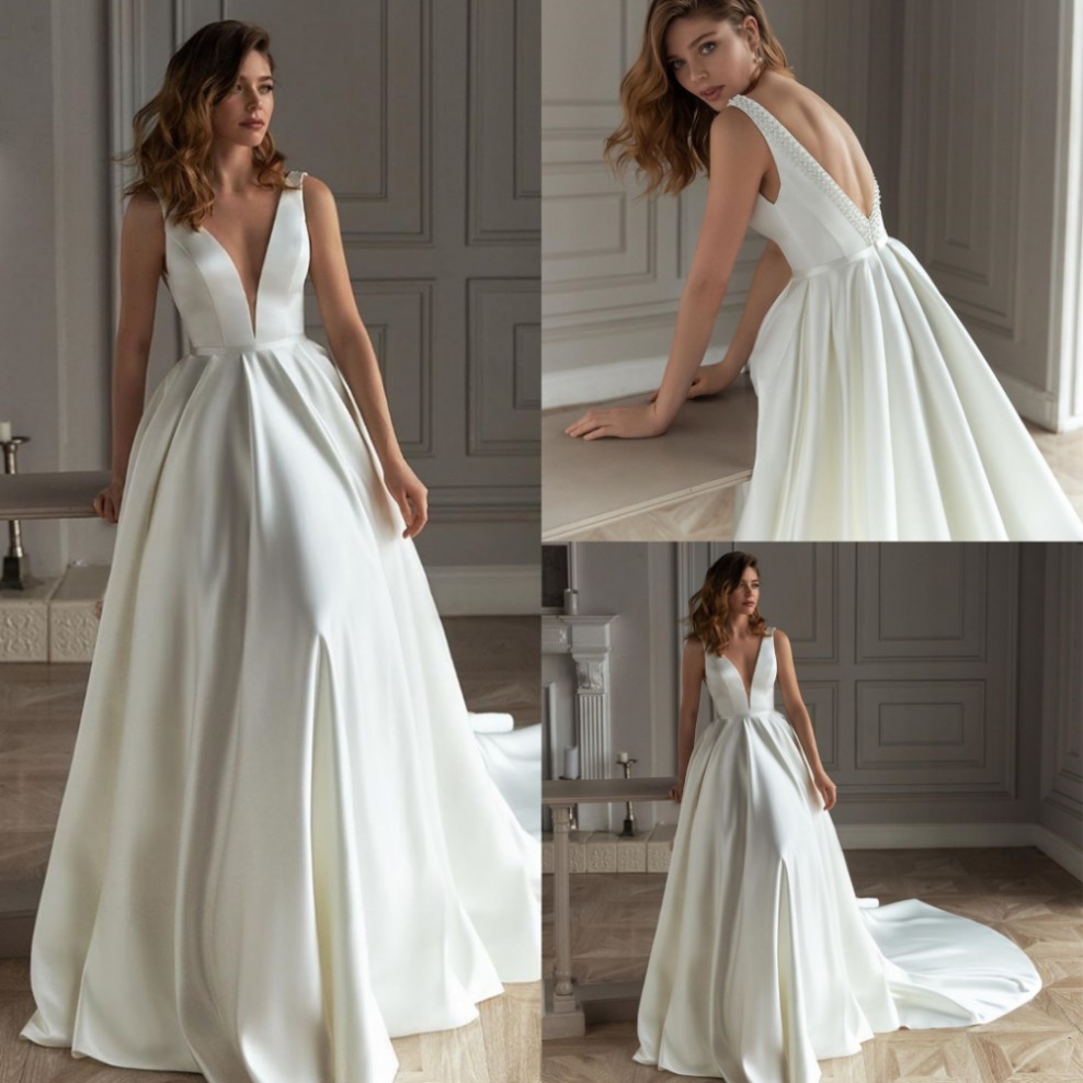 

Satin Pearls Wedding Dress 2021 A-line V-Neck Sleeveless Backless Tank vestido de noiva Bridal Gown For Women Brides Robe De Mairee, Ivory