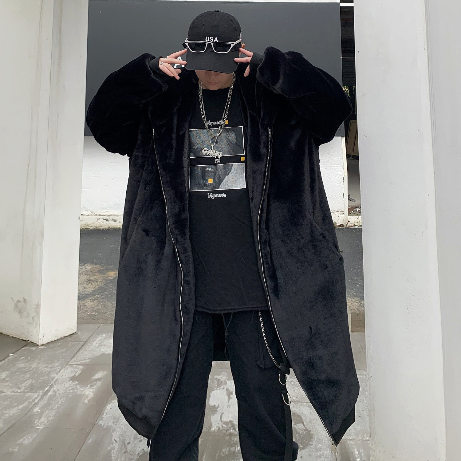 

2021 New Jaqueta Motoqueiro Tide Veste Cuir Homme Winter Loose Hooded Imitation Rabbit Hair Long Woolen Coat Fur Men Jacket Cqa3, Dark gray