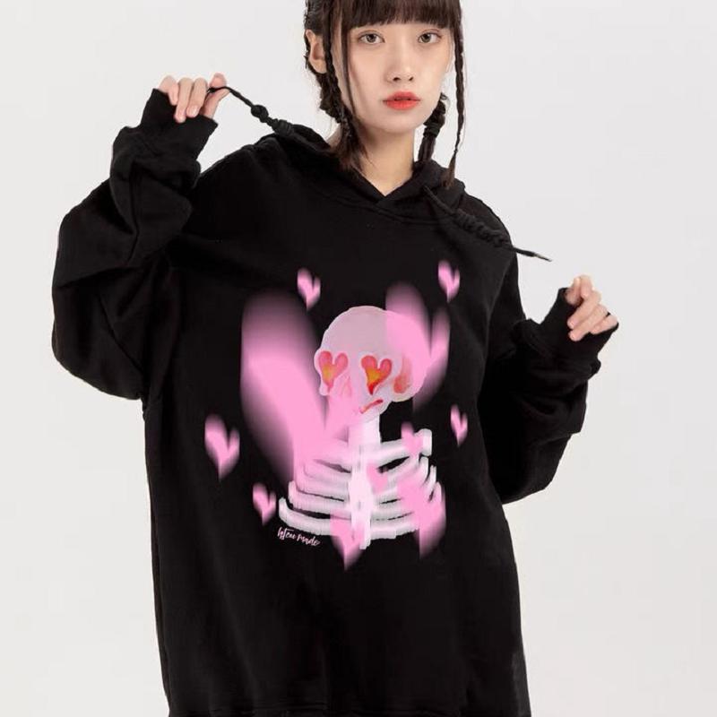 

Women' Hoodies & Sweatshirts Korea Pullover Fashion Harajuku Punk Skull Print Anime Clothes Ulzzang Casual Goth Ins Velvet Y2k Winter Women, Black