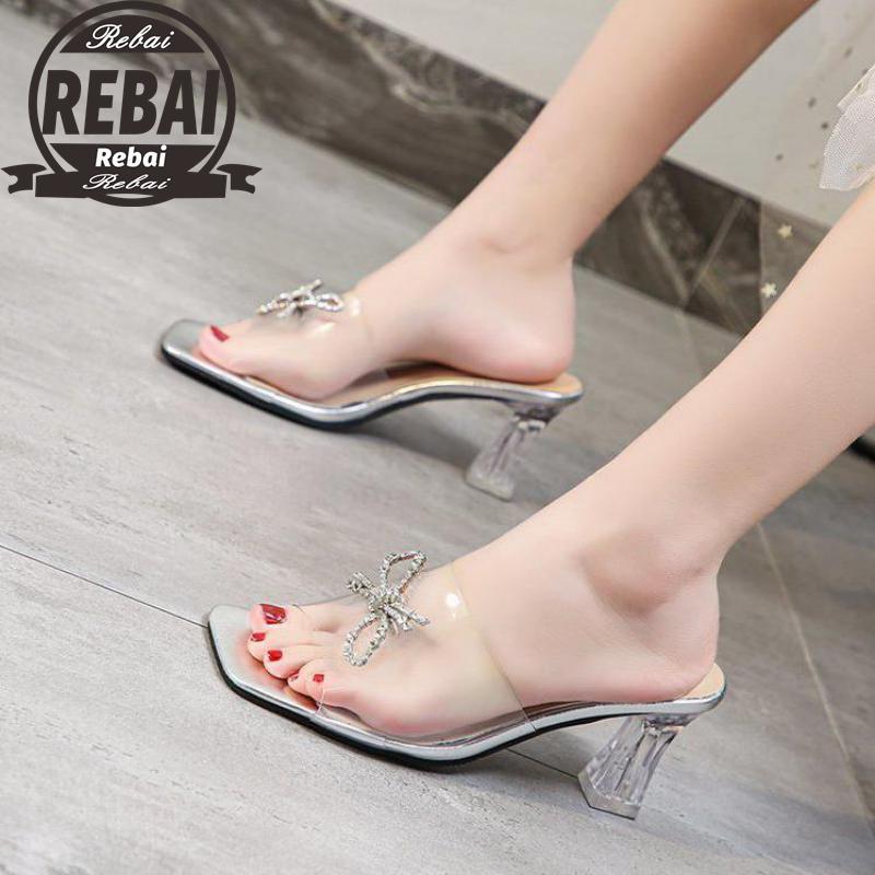 

Dress Shoes Bowknot Fashion PVC Women Sandals Summer Open Toed High Heels Transparent Heel Slippers Party Pumps Zapatillas Mujer Casa, Black