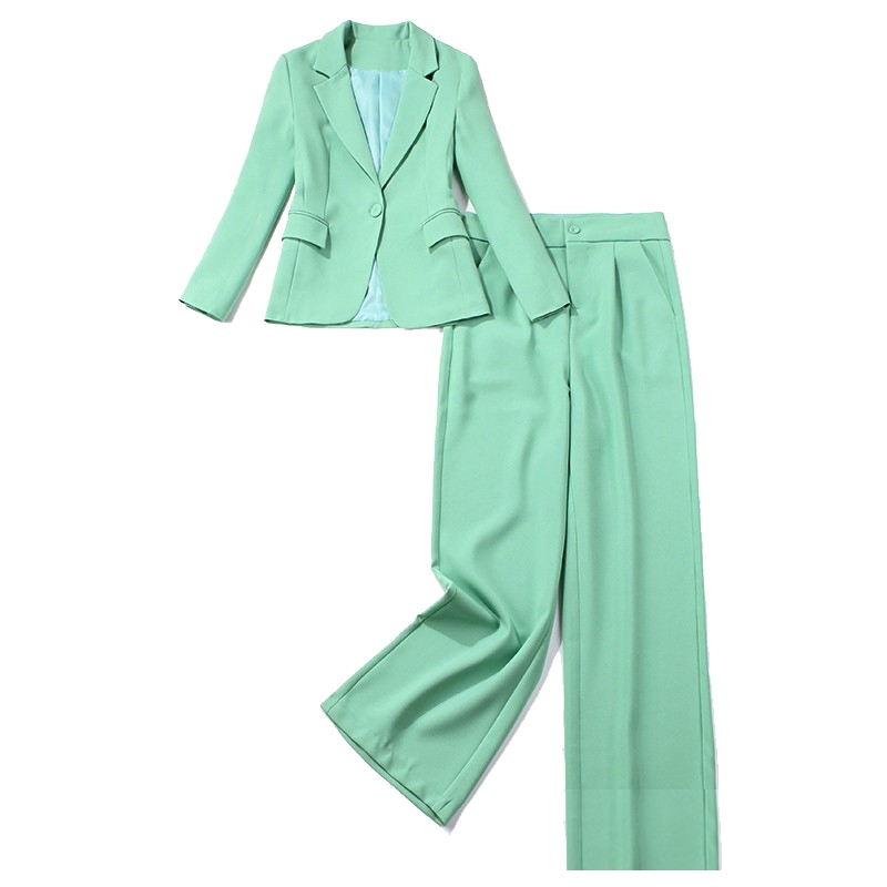 

Professional women' suits pants high quality Casual lady slim jacket small female Office wide leg Two-piece set 210527, Green