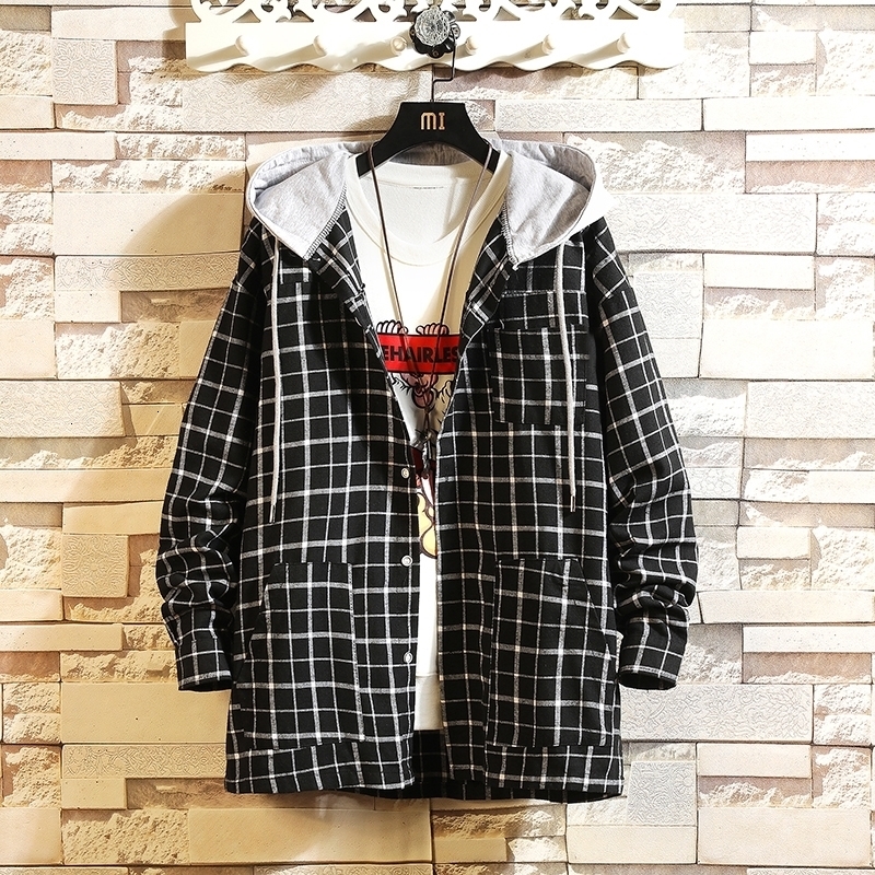 

2021 New Hip Hop Streetwear Punk Style Casual Plaid Shirt Men's Long Sleeve High Quality Loose with Hooded 1zlu, C151 3