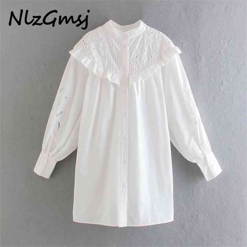 

Dres Vintage Hollow Out Embroidery Ruffles Female Chic Stand Collar Breasted Kimono Vestido Mini 03 210628, As picture