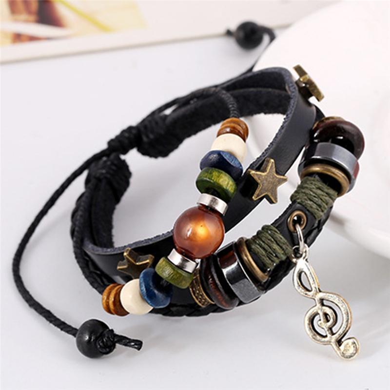

Pinksee Vintage Fashion Steampunk Beaded Music Note Leather Bracelet Women Girls Charm Wristband Jewelry Accessories Link, Chain, Black