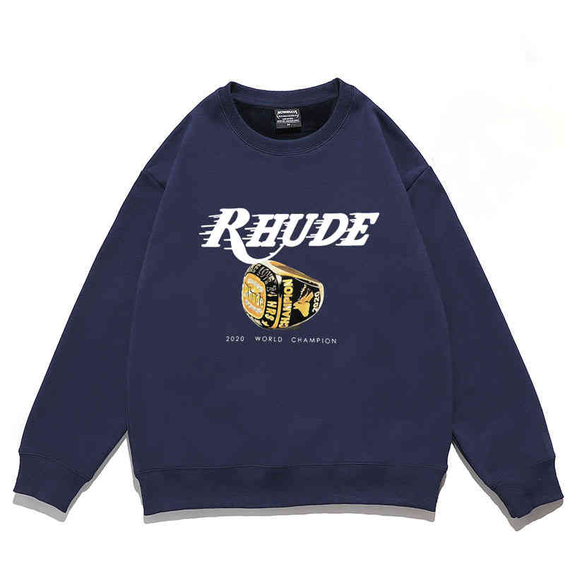 

Harajuku Los Angeles Limited Rhude Sweatshirt Men Women Fashion Print Pullover Skateboard Trend Trvers, Navy blue