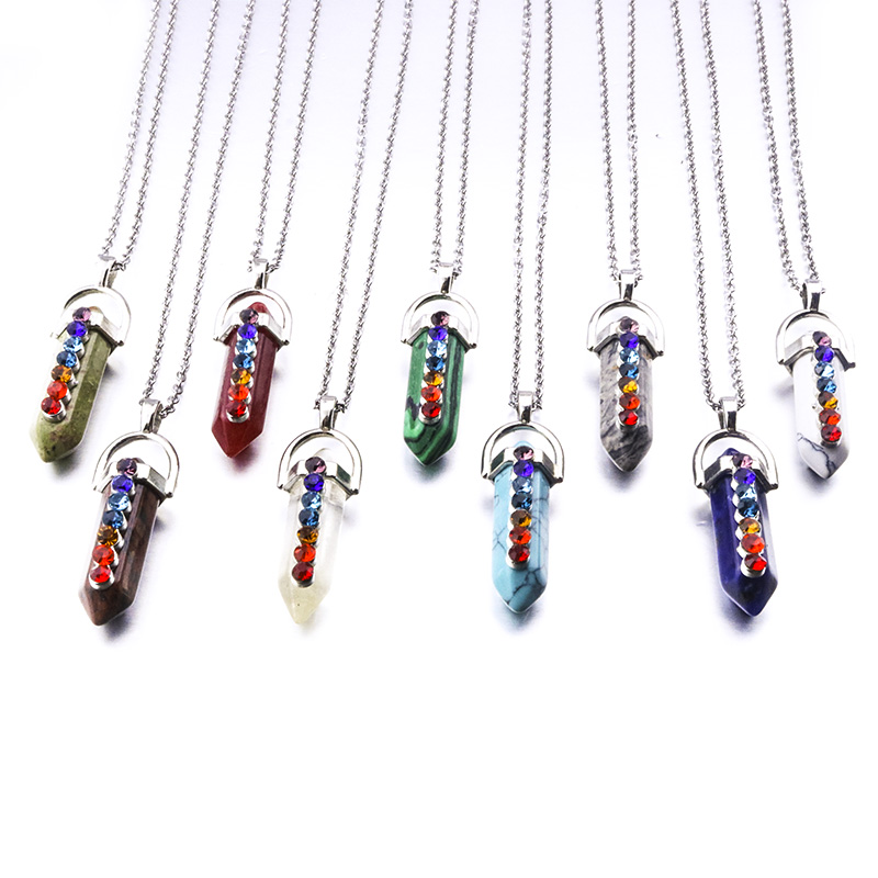 Guérison Prisme Hexagonal Cristal Quartz Rose Pendentif En Pierre Naturelle 7 Chakra Collier Avec Chaîne En Acier Inoxydable De 45cm