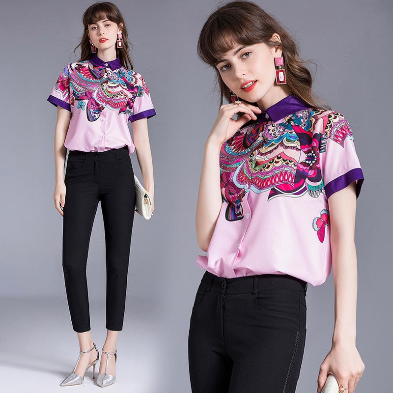 

Women's Blouses & Shirts Summer Short Sleeve Shirt Women Runway Designer Tops Ladies Office Turn Down Collar, Pink