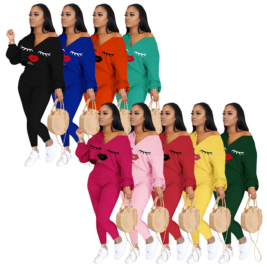

Women Designers Clothes 2021 Spring Long Sleeved Two Piece Set Tracksuit Lip Print Set Plus Size Women Clothing Woman Jogging Suit Leggings, Orange red