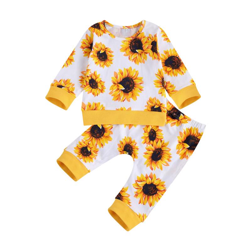 

Clothing Sets 2021 Born Set Sunflower Outfits Pattern Long Sleeve Round Neck Pullover Trousers 2 Pcs Infant Toddler Girl Clothes, White