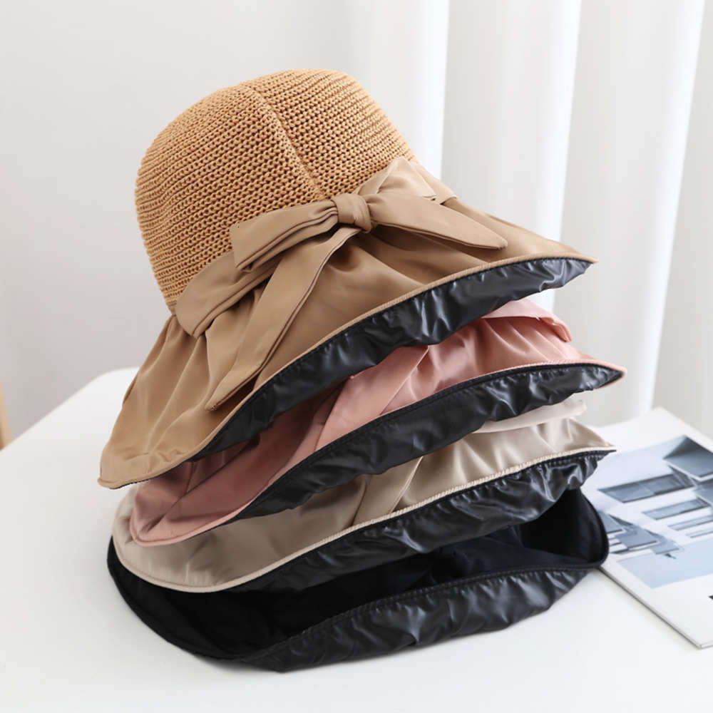 

Black rubber bow Sun Hat Women's summer hollow straw hat UV big eaves sun protection fisherman's, Blue;gray