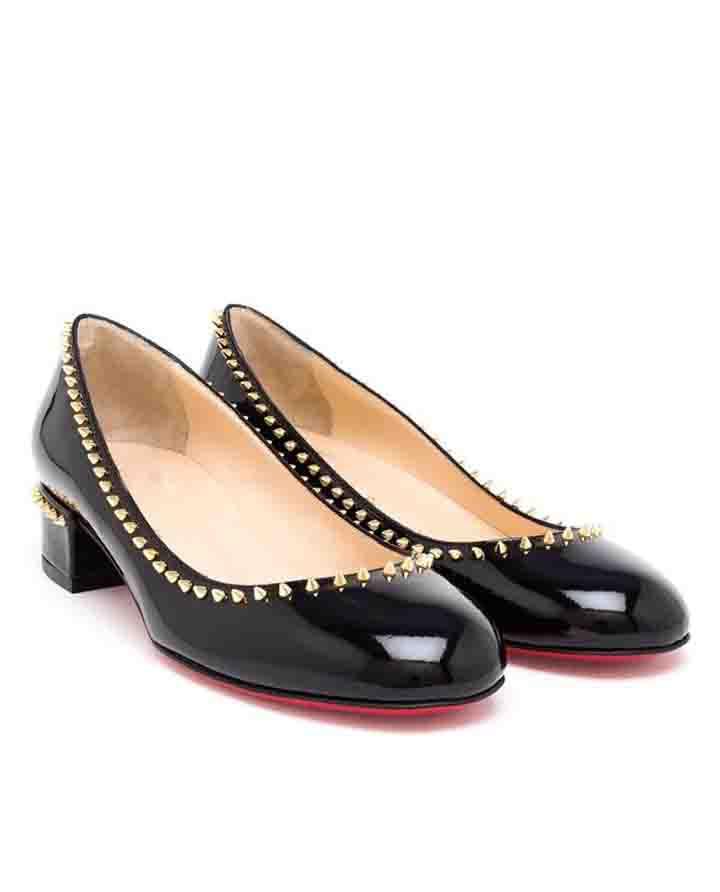 

Women Dress Shoe pumps low heels pump red bottom high heeled chunky Treliliane White Aurore Boreale Rivets Patent Leather Studded shoes flats, Black