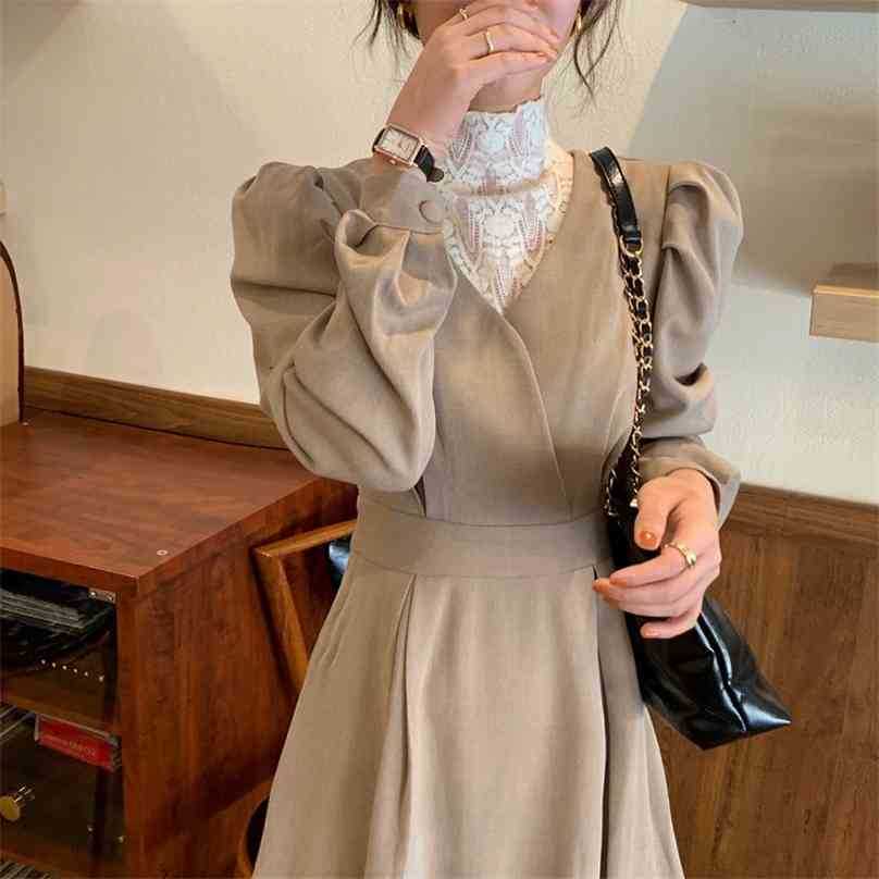 

Women French Retro Dress Turtleneck Lace Patchwork Party Gentle Elegant Long Chic Female Fashion Clothe 210525, Black
