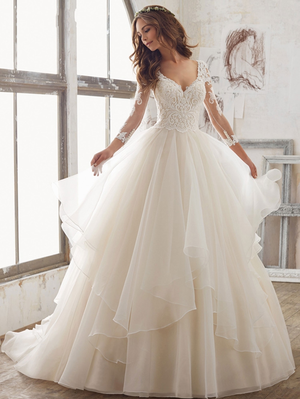 

2021 Organza Vestido Noiva Luxury Lace A-line Bride Wedding New Bridal Gown Sexy V-neck Illusion Robe De Mariage Ckfu, White