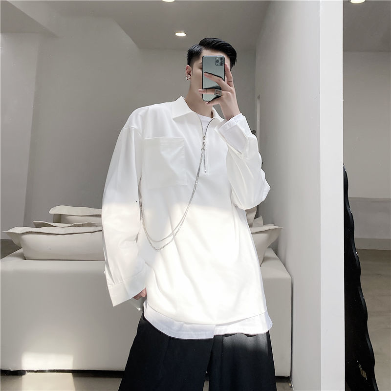 

2021 Men's New Style Hanging Chain Loose Pullover Casual Hawaiian Shirt Long-seeed Black White Camisa Masculina Fashion Shirts Ilxn
