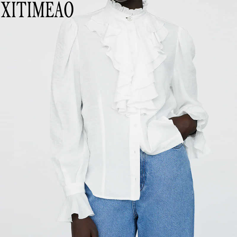 

ZA Women Spring Autumn Blouses Elegant Long Sleeve White OL Shirt Ladies Solid Color Tops lotus leaf 210604