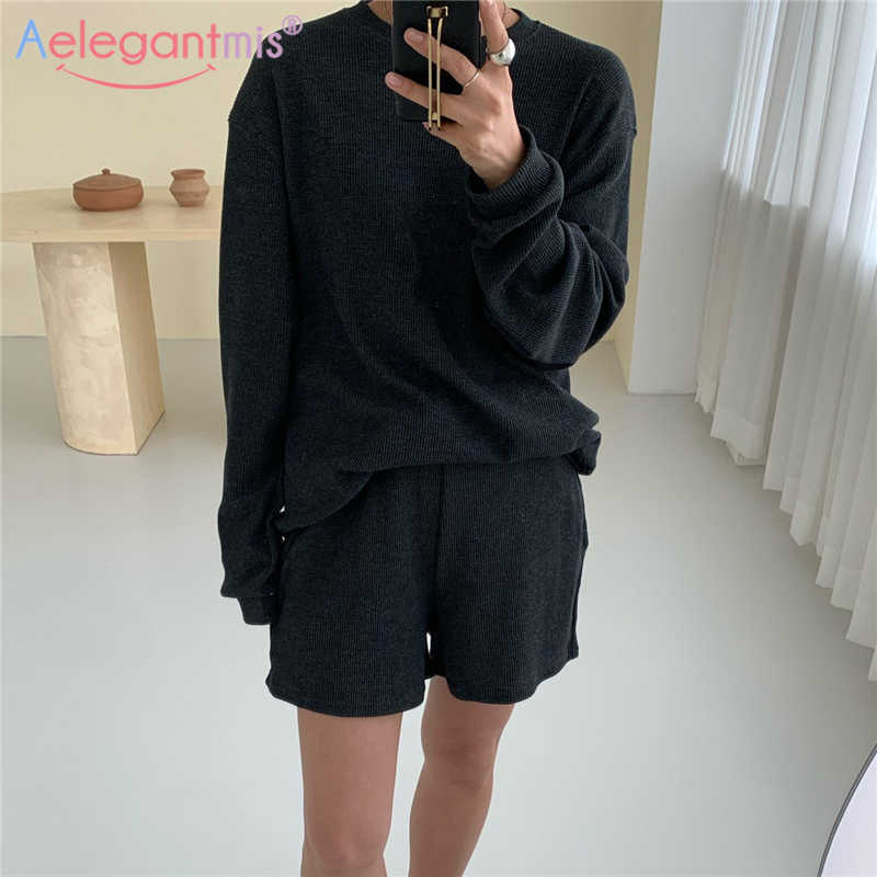 

Aelegantmis Cozy Soft Women Solid Sweatshirt 2pice Set Warm Short Pants Female Elegant Casual Outfits Shorts and Tops 210607, Gray