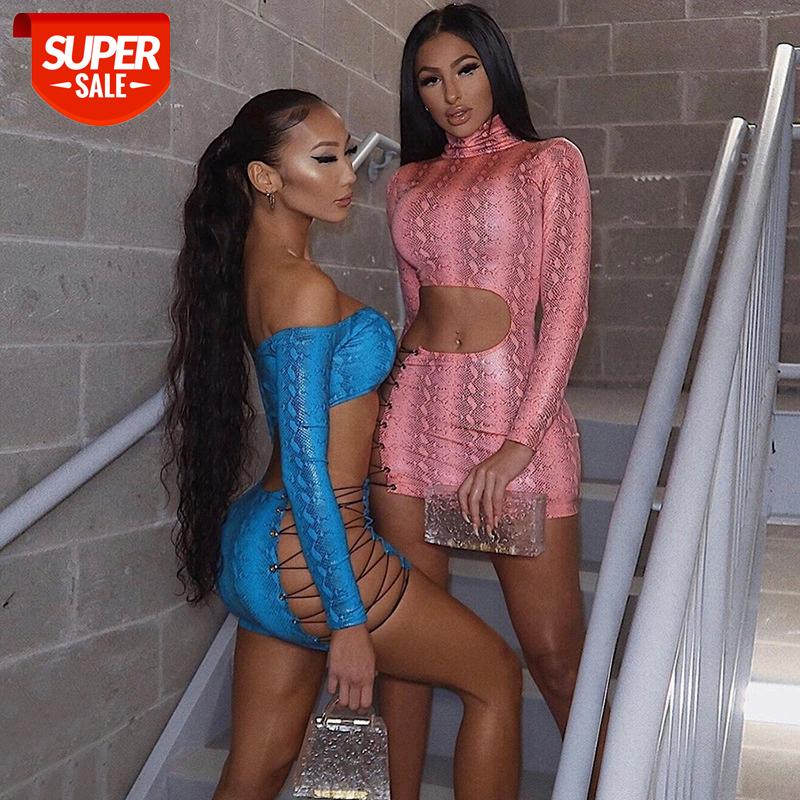 

hirigin Snake Print Hollow Out Party Dresses Lace Up Mock Neck Women Long Sleeve Night Clubweat Skinny Sexy Hot Bodycon Dress #5j5l, Black;gray