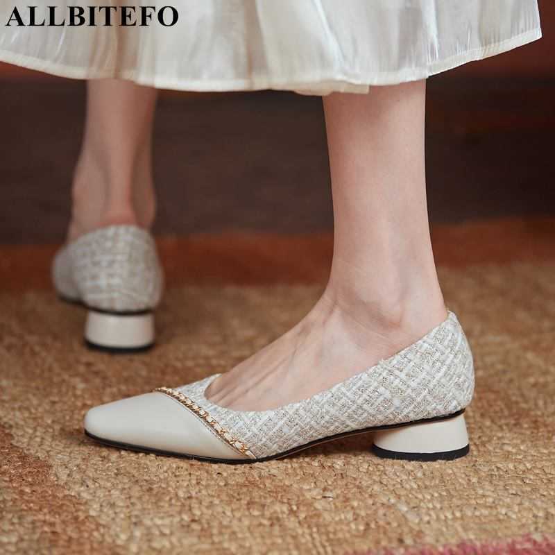 

ALLBITEFO Size:34-41 genuine leather+cloth low-heeled comfortable party women shoes thick heels women heels shoes girls shoes 210611, As picture