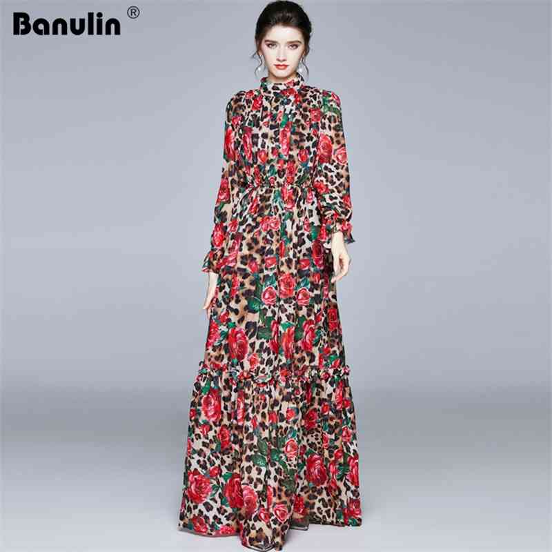 

Banulin Fashion Runway Long Sleeve Maxi Dresses Women's Leopard Rose Floral Print Elastic Waist Holiday Dress 210603, Design and color