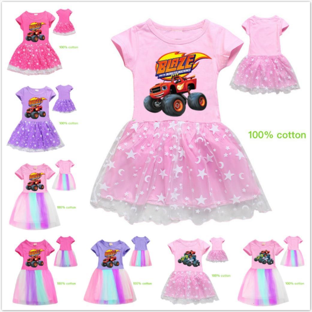 

Summer Girls Cartoon Blazing Speed Girl Dresses Cars Monster Machines Print Princess Dress Kids Baby Cotton Short Sleeve Clothes, Red;yellow