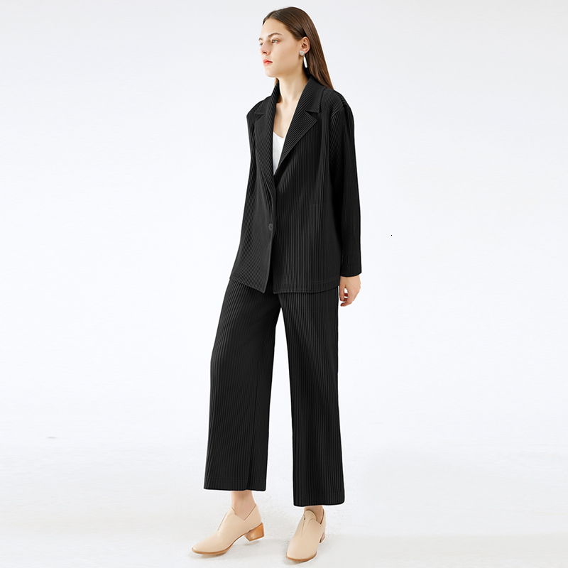 

2021 New Pleated Women's Autumn Winter Korean Fashion Piece Women Coat Blazer Suit Undefined Straight Trousers Zzwa, Black
