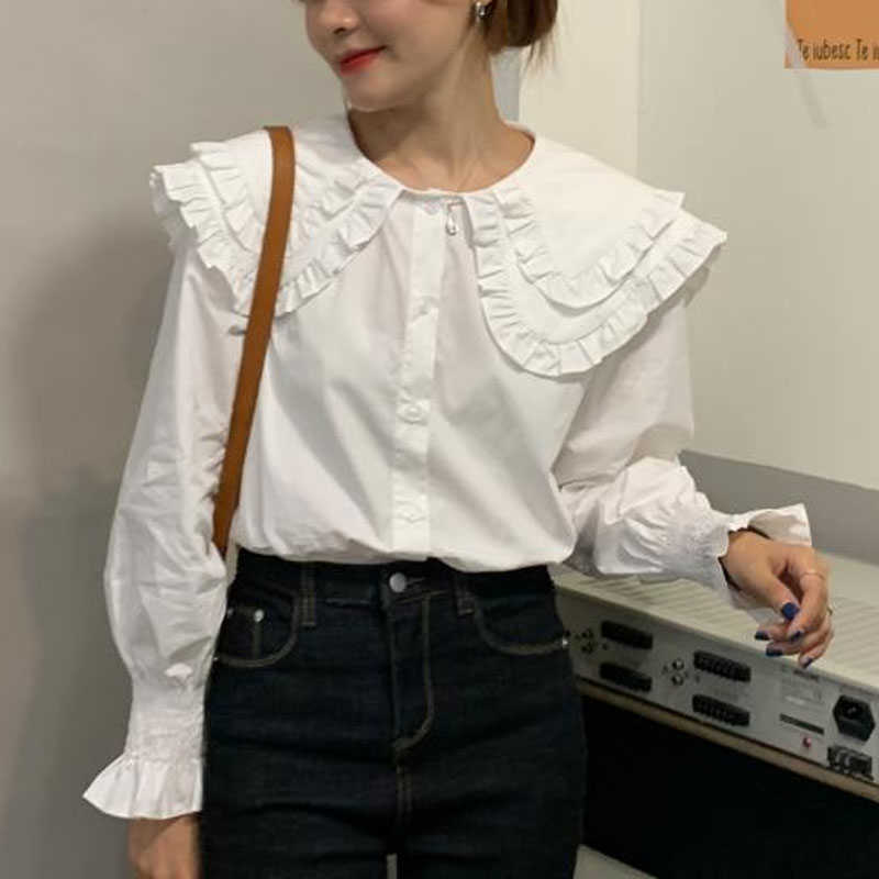 

Ruffles Vintage Shirts Casual Cotton Long Sleeve White Shirt Women Peter Pan Collar Women Blouse Fashion Blusa Chic 12392 210527, Black