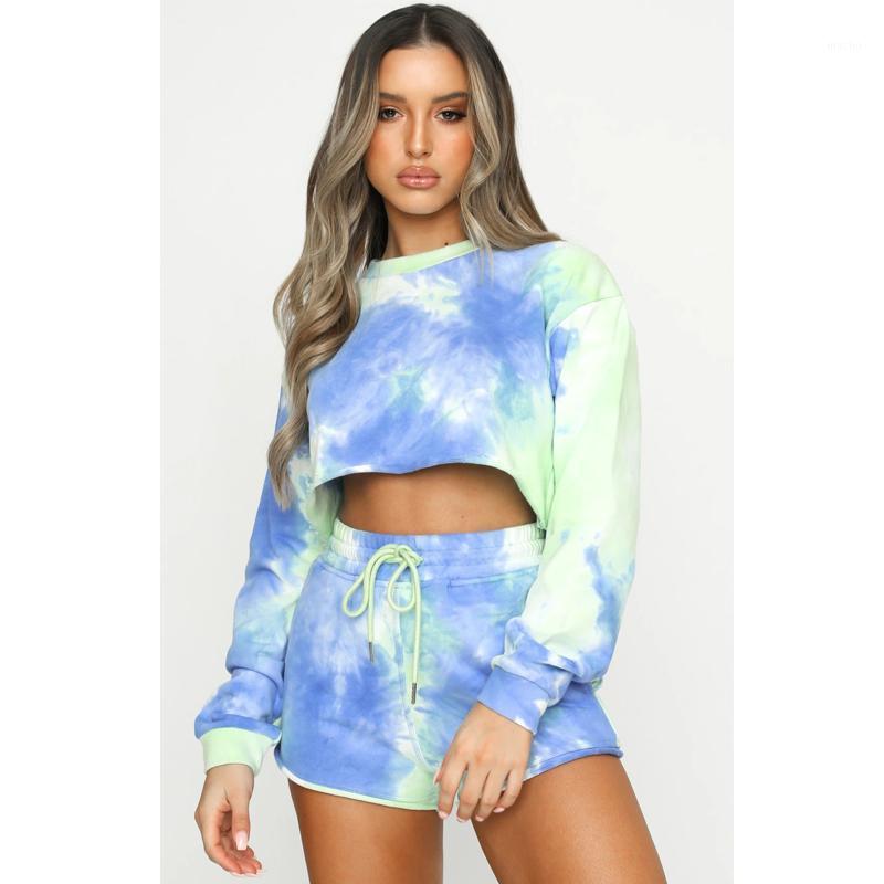 

Tracksuit Women Gym Clothing Tie-Dyed Casual Exposed Navel Lightweight Frenulum Comfy Breathable Naked Feel Shorts Yoga Set Outfit, Blue