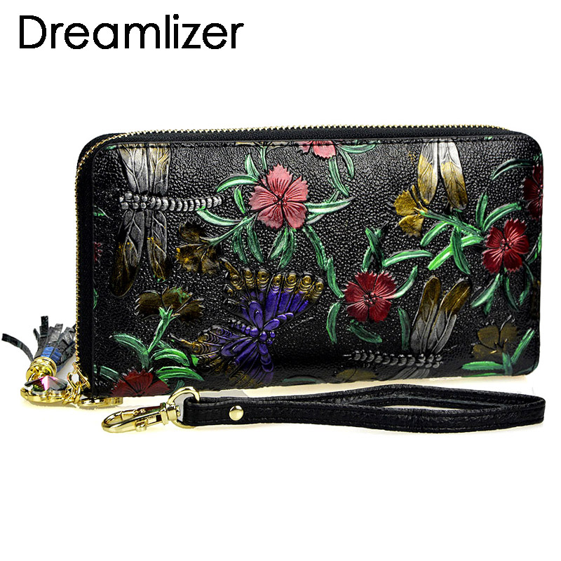 

Women Floral Printing Pattern Genuine Leather Coin Long Fashion Tassel Clutch Purse Wallets, P1-dragonfly