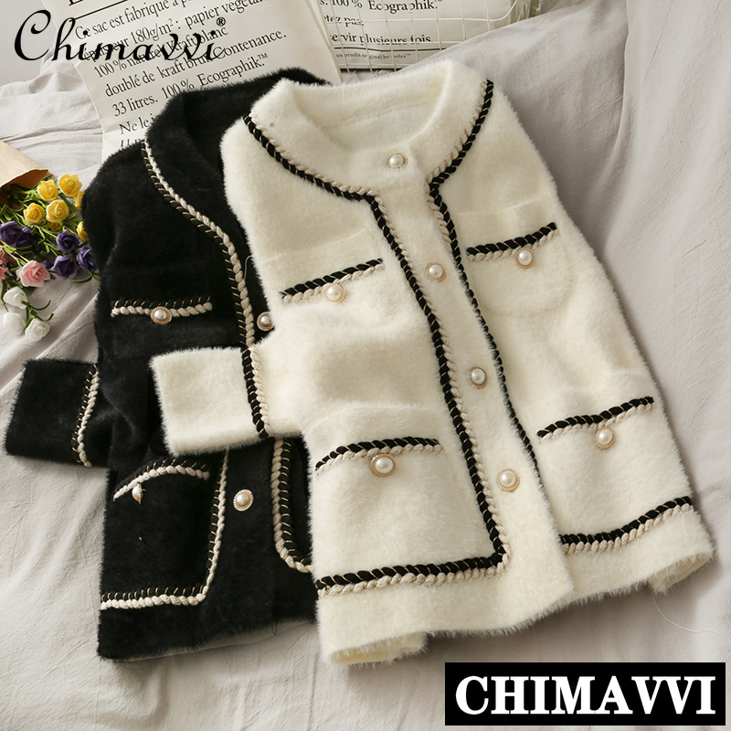 

2021 New Mink Cashmere Loose Sweater Cardigan Jacket Women Autumn and Winter Short Bright Silk Stripe Thickened Knitted Top Coat, A style black