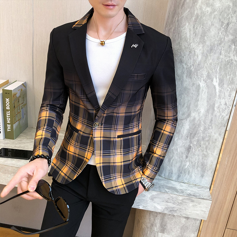 

Luxury Wedding Business Clothing Male Blazers Masculino Spring British Style Plaid Blazer For Men Suit Jacket Casual Dress Coat, Pink colour