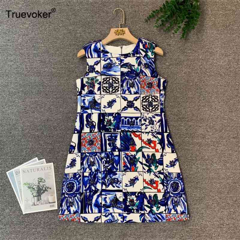 

Truevoker Woman Sleeveless Retro Blue Porcelain Print Crystal Tank Dress Lady Diamond Vintage Mujer Festa Vestido 210602, Multi