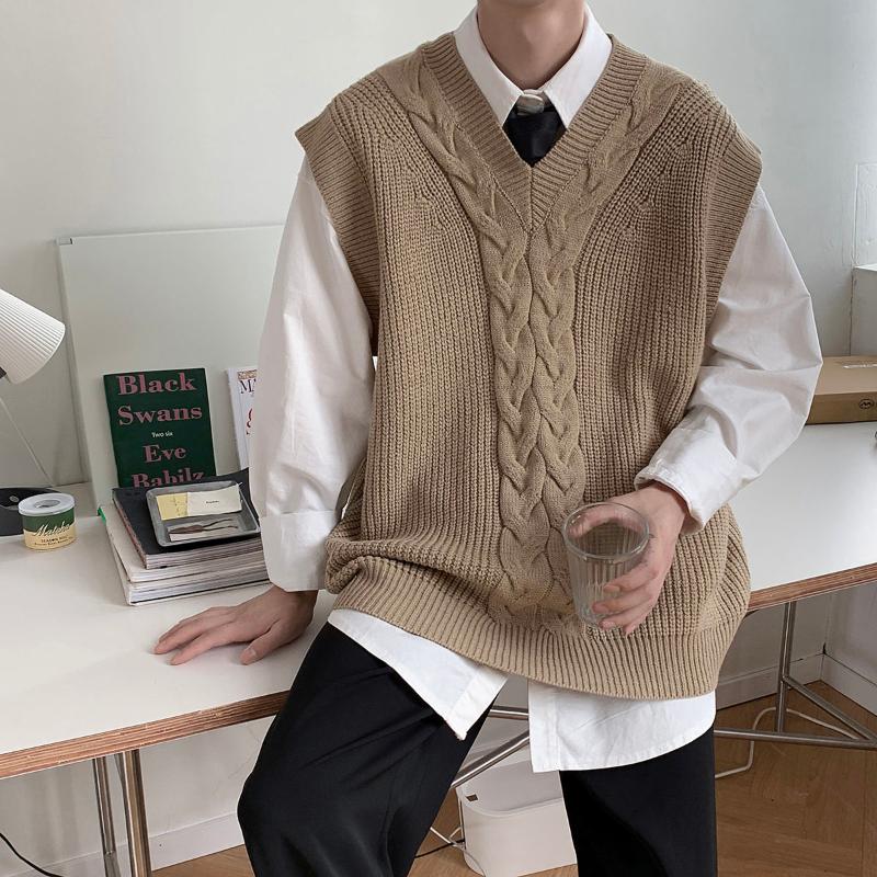 

Men' Vests 2021 Fashion Couple Clothes Pullover Loose Knitting Vest Sleeveless Male Wool Sweaters Clothing Fleece V Neck Coats, Black