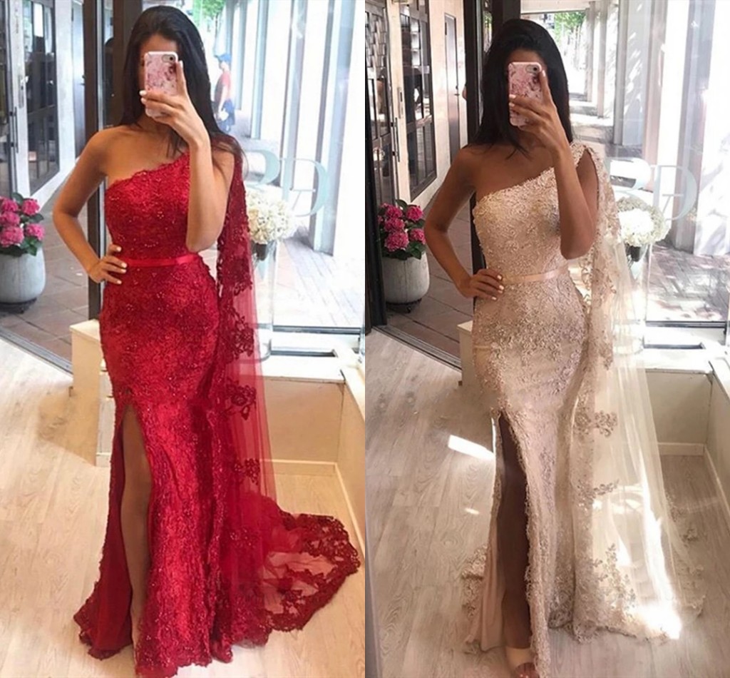 

Fashion Red Champagne One shoulder Prom Bridesmaid Dresses Mermaid with Cape Robe Lace Side Slit Sequins Beaded Long Party Pageant Evening Formal Gowns, Lavender