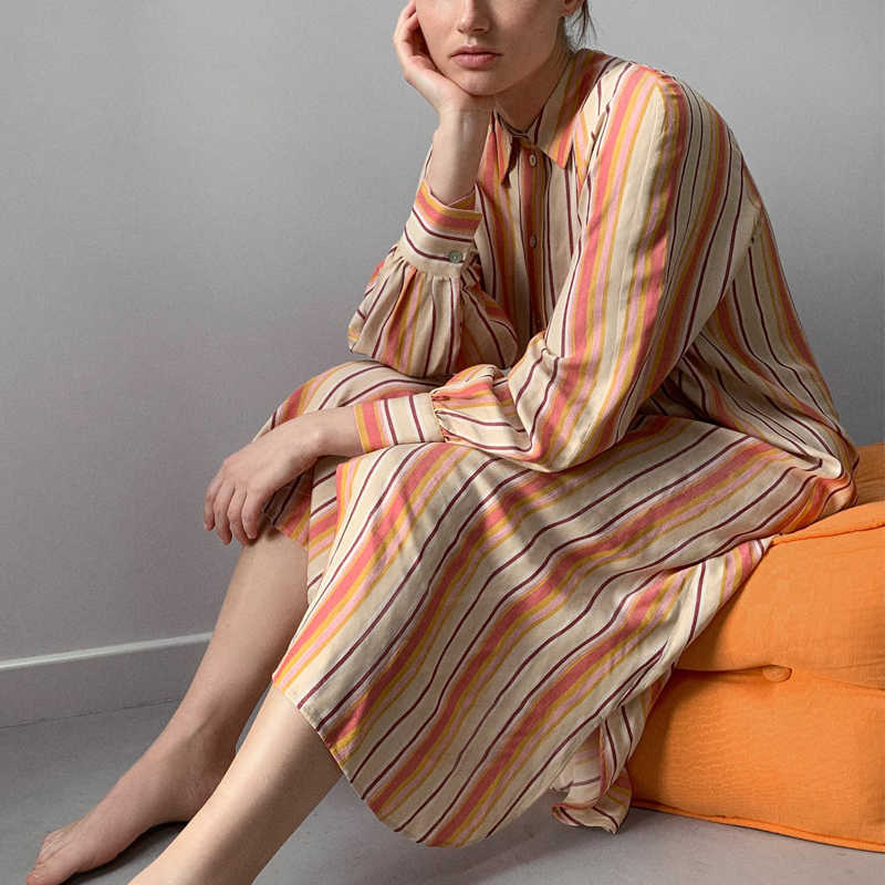 

ZA Striped Shirt Long Dress Women Lapel Collar Long Cuffed Sleeve Front Button Closure Side Vents Hem Midi Summer Dresses 210602, As picture