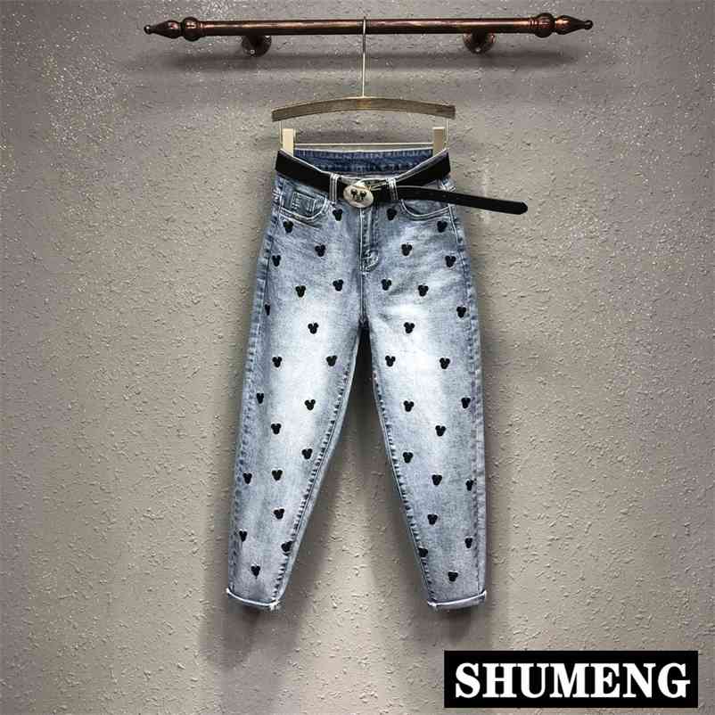 

Cartoon Embroidery Jeans Pants Spring Women's Pattern Denim Female High-waist Harem Trousers 210629, Mint