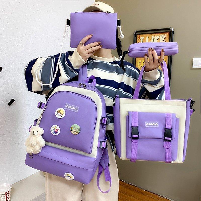 

Backpack 4 Pieces/ Set Korean Lovely Girl Bump Color Style Bag Teenagers Student Schoolbag Fashion Preppy Travel 50, Black