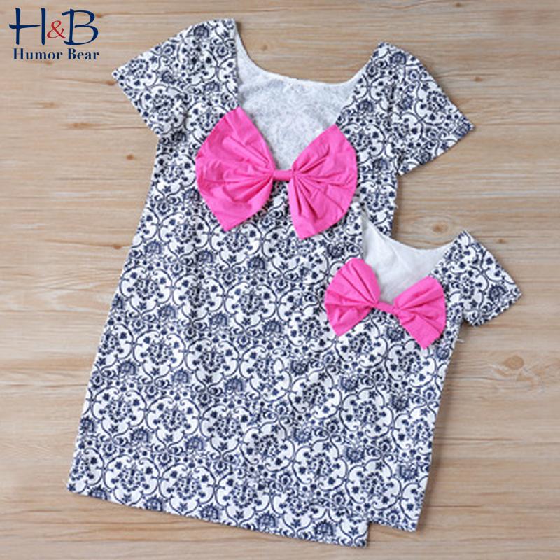 

Family Matching Outfits Humor Bear Clothes Summer Style Mother & Daughter Printing Big Bowknot Dresses, Blue