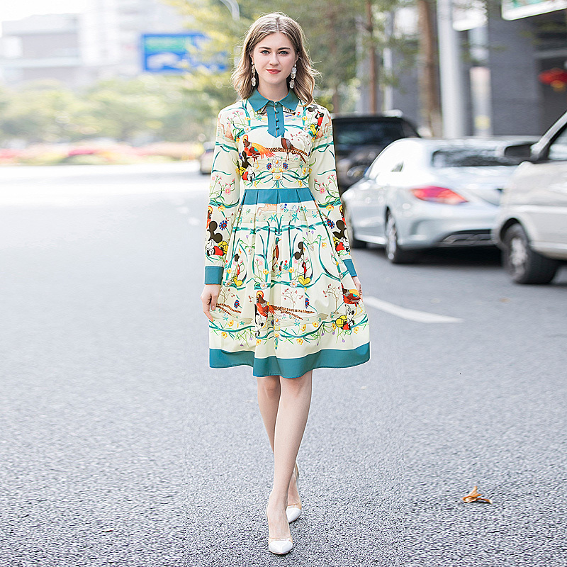 

High Quality Spring New Women's Party Workplace Cartoon Print Stitching Elegant Chic Fashion Shirt Long Sleeve Dress S5tn, Black;gray