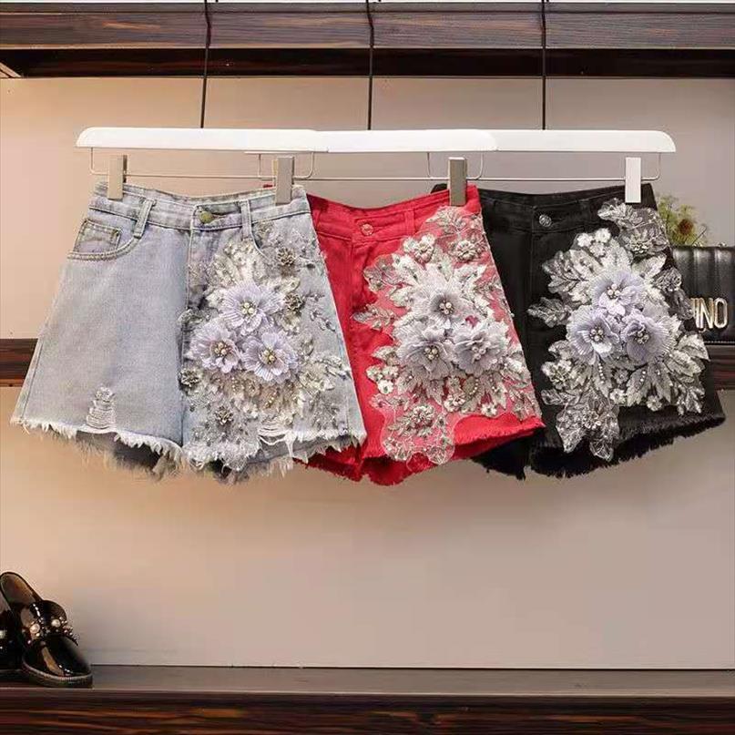 

streetwear korean style red black women jeans embroidered flower lace plus size short, Blue