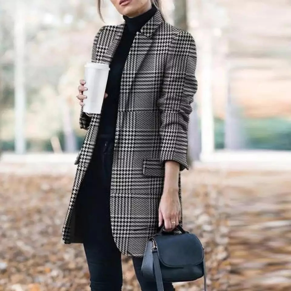 

2021 New Autumn Winter Women Plaid Coat Ladies Oversize Office Overcoats Outwear Femme Vintage Long Sleeve Black Jackets 7z1y