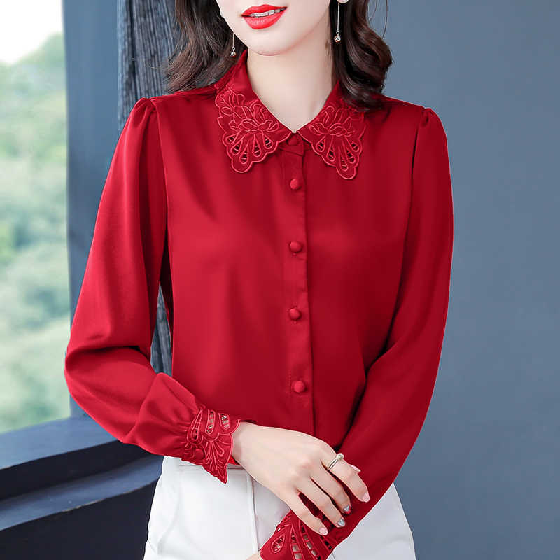 

Korean Women Silk Shirts Blouses Woman Embroidery Lace Long Sleeve Blouse Top Plus Size Peter Pan Floral 210604, Apricot