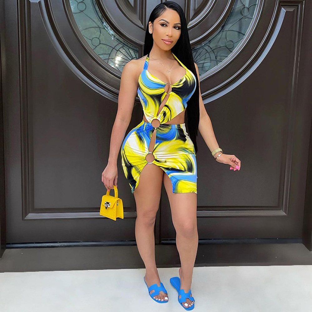 

Aesthetic Print Bandage Backless Cut Out Halter Dress Street Style Outfit for Women 2021 Summer Print Skinny Slim Slit Dresses, Black