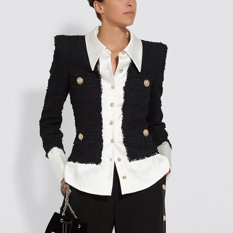 

Women' Jackets EXCELLENT QUALITY 2021 Est Baroque Designer Jacket For Ladies Shirt Collar Satin Wool Blend Patchwork Buttons Tweed, As pic